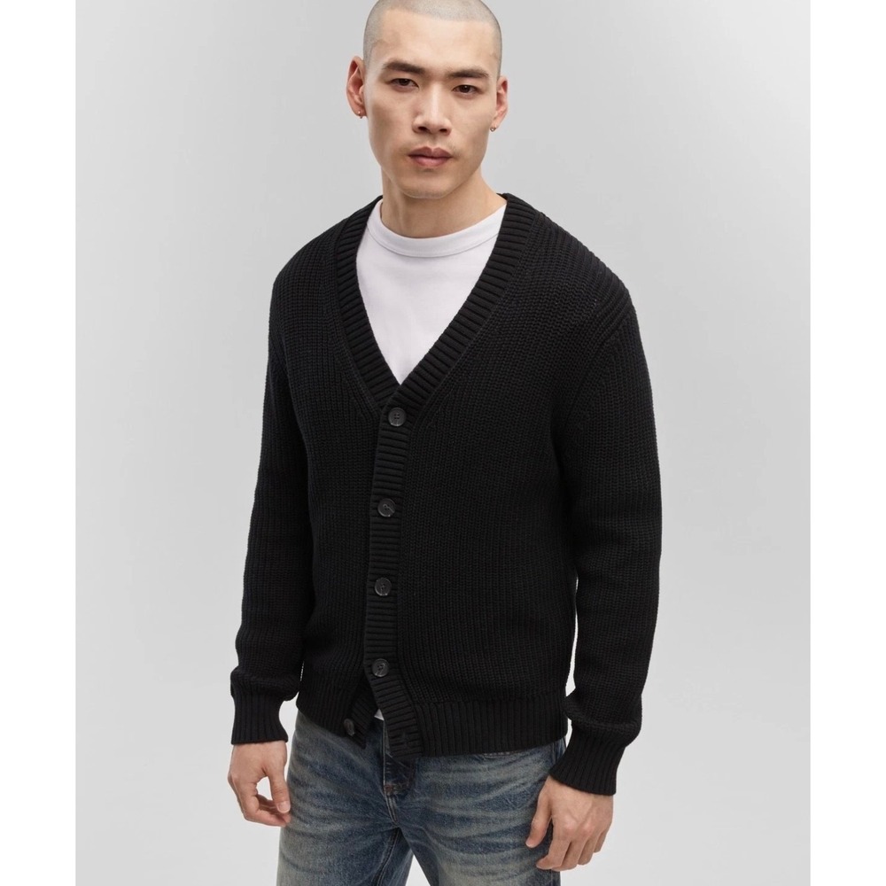 Mode of One Mens XL Deep Black Cotton Ribbed Knit V-Neck Cardigan 100187222MN